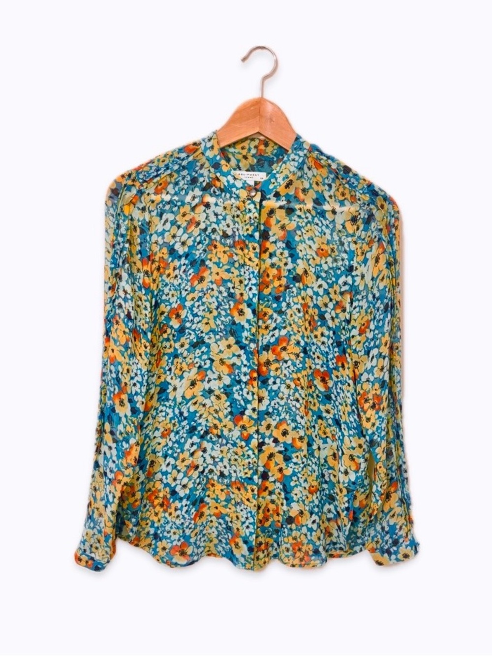 Equipment 100% Silk Floral Sheer Blouse Pinktuck Sleeves Size S Teal